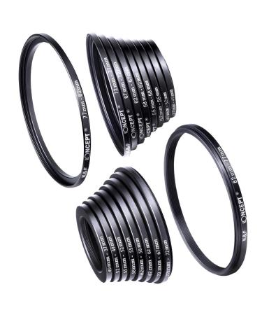 K&F Concept 18 Pieces Filter Ring Adapter Set, Camera Lens Filter Metal Stepping Rings Kit (Includes 9pcs Step Up Ring Set + 9pcs Step Down Ring Set) Black