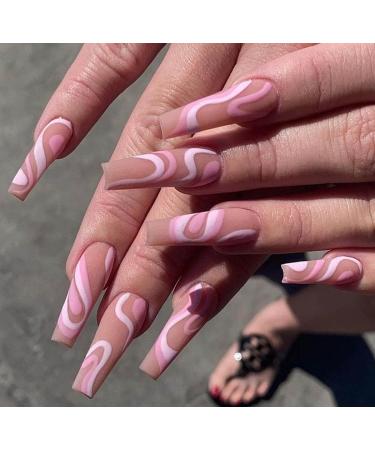 Vatocu Coffin Matte False Nails Pink Long Line Press on Nails Acrylic Glue on Nails for Women Girls (24pcs)