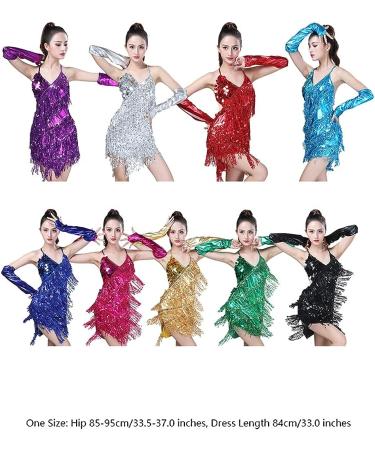 Women's Silver Sequin Latin Dance Dress with Gloves Set - One Size | Halter Tassel Fringe | Perfect for Tango, Salsa, ChaCha, Rumba | Ballroom Stage Costume - Buy Online on SooperMarket.com