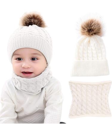 CheChury Toddler Hat and Scarf Set Baby Warm Knit Pom Beanie Cap with Circle Loop Scarf Neckwarmer 1-3 Years #1 White