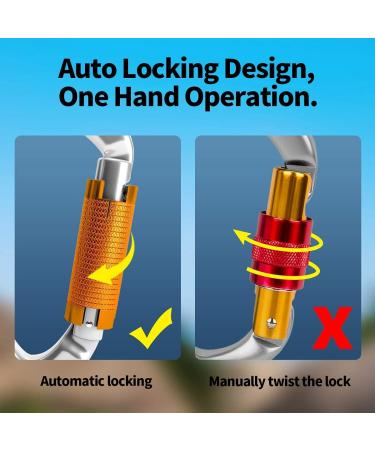 3-Piece UIAA Certified 25KN Auto-Locking Carabiner Set - Versatile Climbing Equipment for Hammocks Swings & Dog Leashes - Buy Online on SooperMarket.com