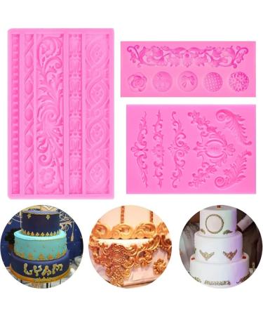 Arcemain 3 Pcs DIY Baroque Style Cake Border Curlicues Silicone Mold - Pink | Vintage Fondant Mold for Cake Decoration, Baking, Polymer Clay, Resin - Buy Online on SooperMarket.com