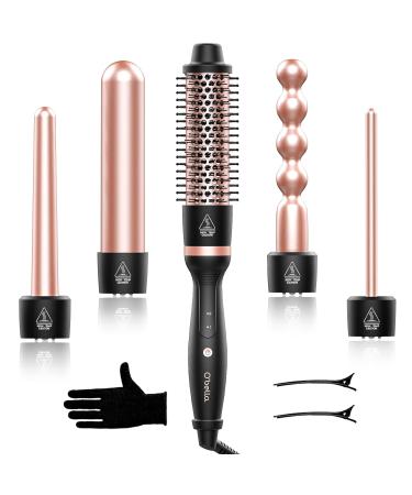 Curling Iron Set O'bella 5 in 1 Curling Wand Set with Thermal Brush&4 Interchangeable Ceramic Curling Wand(0.35 -1.25 ) 2 Temps Instantly Heating Hair Wand Curler Rose Gold