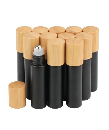 10ml Glass Roll on Bottles Frosted black Roller Bottles For Essential Oils Perfume Sample Bottles With Stainless Steel Roller Ball &Bamboo Cap,12pcs