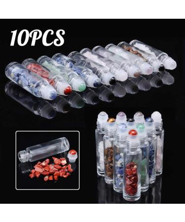 10 Pack 10ml Gemstone Roller Bottles with Healing Crystal Chips - Clear Glass Roll on Bottle for Essential Oils - Silver Lid - Natural Crystal Stones Roller Balls - Buy Online on SooperMarket.com