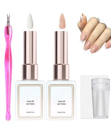 French Manicure Kit French Manicure Gel Polish Kit White Nail Polish French Tip French Manicure Gel Set with Nail Stamping Kit Soak Off UV/LED French Manicure Gift Set for Women Girl (Pink+Nude)