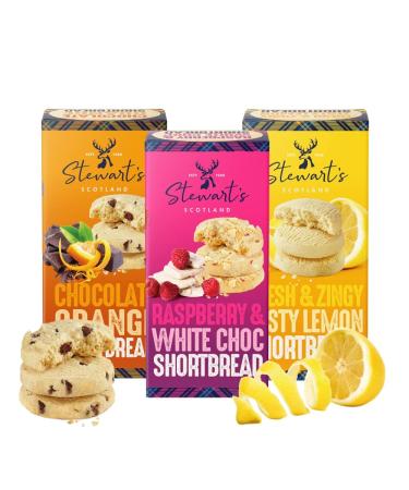 Stewart's - Signature Refreshing Collection Shortbread Gift (3x160g) - Traditionally Made Luxury Melt-In-Mouth Scottish Lemon Curd Chocolate Orange & Raspberry White Chocolate Biscuits Ideal Treat 3 x 150g Lemon Curd Chocolate Orange and Raspberry and Whi