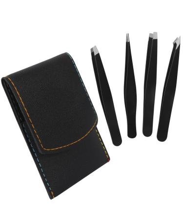 Classycoo Eyebrow Tweezers Set Professional 4 Pcs Stainless Steel Tweezers for Eyebrows Slanted and Pointed Precision Tweezer Kit-Best for Eyebrows  Facial Hair  Ingrown Hair  Splinter Removal-Black