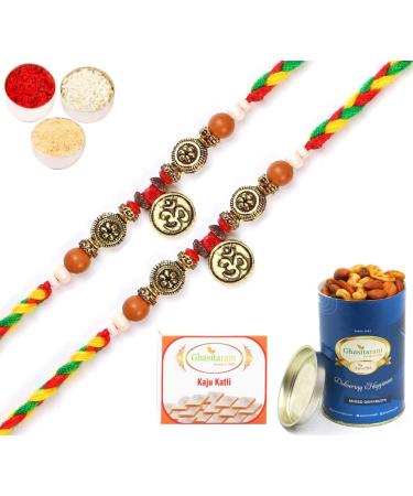 Ghasitaram Gifts Rakhi for Brother Rakhis Online - Set of 2-6571 Om Rakhis with 100 GMS of Dryfruits Mix Can 200 GMS of Kaju katli 2 Rakhi & 100g Dryfruits Mix Can 200g Kaju katli