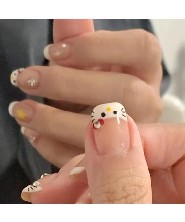 Cute False Nails French White Kitty Stick on Nails 24pcs Short Square Press On Nails with Glue Kitty Design Sweet Fake Nails for Kids Women Girls Maggidea Press On Nail (French Kitty) - Buy Online on SooperMarket.com