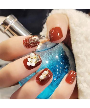 Sethexy Glossy Squoval Short False Nails Flower Glitter Rhinestone Studs Wine Full Cover Acrylic Fake Nails Tips for Women and Girls - Buy Online on SooperMarket.com