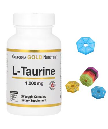 L-Taurine Compatible With California Gold Nutrition 1 000 mg 60 Veggie Capsules + Bonus Pill Organizer Weekly Pill Organizer Mini
