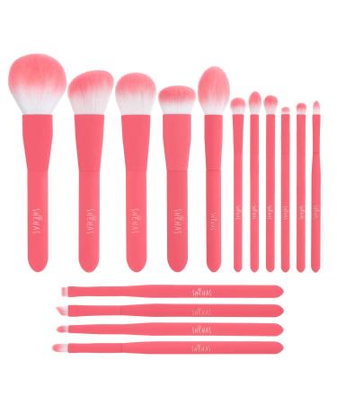 TEXAMO Professional Makeup Brushes for Powder Contour Blush Bronzer Highlighter Blending Foundation Eyeshadow Eyebrow Eyeliner Lip Brush, Makeup Brush Set of 15, Pink 15Pcs Pink