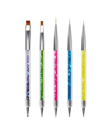Sularpek 5 Pcs Double Ended Nail Design Brushes,Nail Art Point Drill Drawing Brush Pen,Double Ended Fine Nail Liner Brush Dotting Pen,Double Ended Brush and Dotting Tool Kit purple, green, pink, blue, yellow