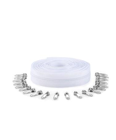 Kimix 10Yards Bulk Zippers 5 Nylon Coil Zippers by The Yard White Tape with 20pcs Silver Sliders for Sewing Tailor Craft Bags (White)