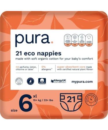 Pura eco-diapers size 6 (XL 15+ kg) 21 diapers (1 pack) certified with EU Ecolabel for sensitive skin made of organic cotton odorless hypoallergenic 12 hours of outlet protection size 6 (21 diapers)