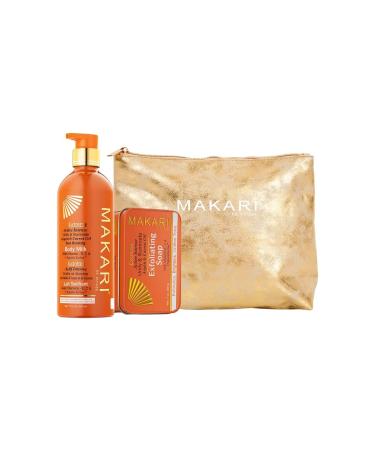 MAKARI Extreme Argan & Carrot Seed Oil Skin Toning 2 Piece Gift Set | Exfoliating Soap & Tone Boosting Body Lotion Ideal for All Skin Types Botanical Self Skin Care Kit with Free Makeup Bag