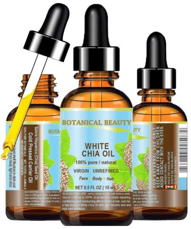 Botanical Beauty WHITE CHIA SEED OIL 100% Pure Natural Virgin Unrefined Cold-Pressed Carrier Oil 0.5 Fl oz 15 ml for Face Skin Body Hair Lip Nails. Rich in Vitamin E