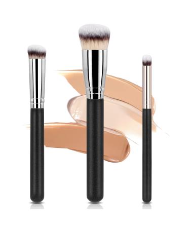 AOOWU 3Pcs Makeup Brush Premium Foundation Brush Concealer Brush Flat Top Foundation Brush for Liquid Makeup Multifunctional Face Brush for Liquid Cream Blending Buffing Powder Cosmetics 3 pcs - Silver black