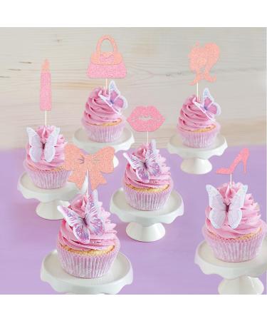 24 PCS Hot Pink Girl Cake Toppers - Glitter Princess Birthday Cupcake Decorations - High Heel Lipstick bowknot Cupcake Picks for Wedding Baby Shower Anniversary Girl Birthday Themed Party Supplies - Buy Online on SooperMarket.com