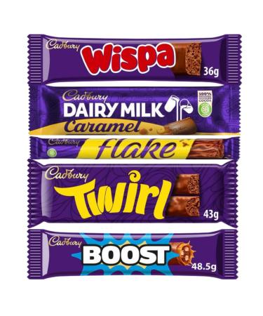 Chocolate Bar Bundle With Wispa Chocolate Bar 36g Milk Caramel Chocolate Bar 45g Flake Chocolate Bar 32g Twirl Chocolate Bars 43g & Boost Chocolate Bar 48.5g (5 Pack)