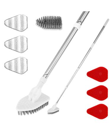 Keyohome Scrub Cleaning Brush with Telescopic Handle 180 Rotatable Tub Tile Scrubber Brush Detachable Shower Cleaner Brush 3 Kinds Brush Heads Stiff Bristle Scrub Sponge Microfibre Pad