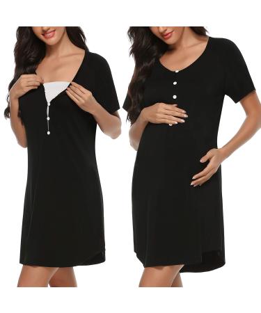 Sykooria Women's Maternity Nightdress Breastfeeding Nightwear Short Sleeve Nursing Nightgown Button Down Sleep Shirt V Neck Pajama Tops Soft Loungwear For Pregnant Women A - Black L