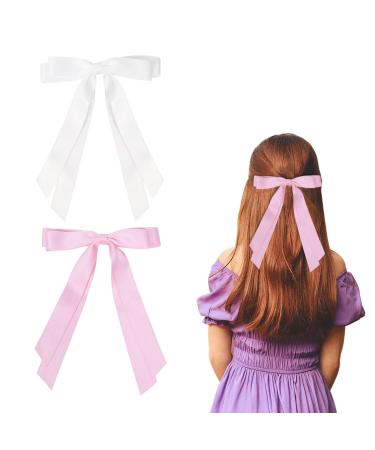 2 Pack Hair Bows for Women White Bow Hair Clips French Barrette with Long Silky Satin Hair Ribbons for Women Girls(White Light Pink)