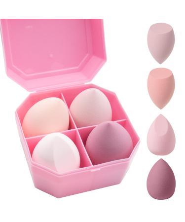 Makeup Sponge Blender 4 Pcs Beauty Blender Foundation Sponges Set with 1 Sponge Holder Case Professional Non Latex Beauty Applicator Set for Cream Liquid and Powder (Pink)
