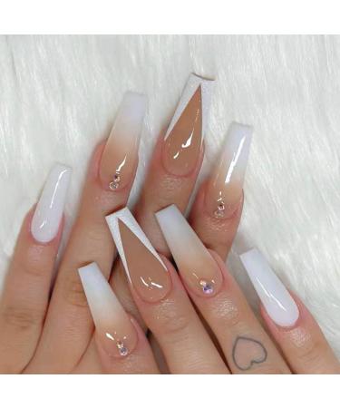 Handcess coffin French false nails white color gradient fake nails shiny long press on nails ballerina crystal acrylic stick on nails 24pcs for women and girls