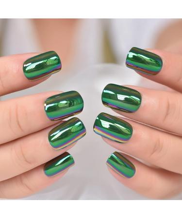 Chrome Green Short Square Press On Nails - Electroplate Design Daily Wear Fake Manicure (24pcs) - Buy Online on SooperMarket.com