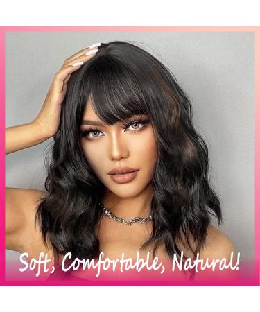 Short Brown Wavy Bob Wig with Bangs | Premium Synthetic Medium Length Wig for Women | Curly Dark Brown Cosplay Wig 12 Inch - Buy Online on SooperMarket.com