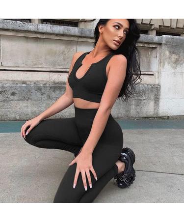 QINSEN Ribbed Seamless Crop Tank & High Waist Yoga Leggings Set - Large Black - Buy Online on SooperMarket.com