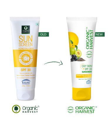 Organic Harvest Sunscreen SPF 30 with Blue Light Technology | UVA & UVB Protection | PA+++ | Hydrating & Nourishing | For Oily Skin | 100% Certified Organic | Sulphate & Paraben Free - 100gm - Buy Online on SooperMarket.com