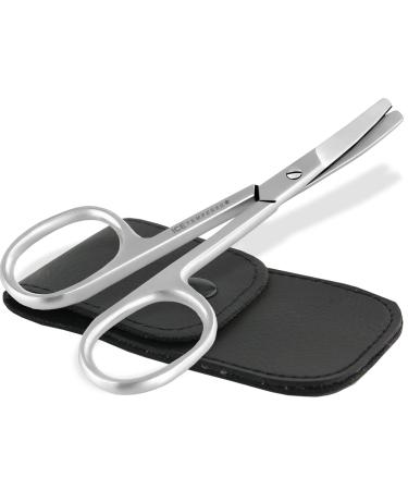 Nail scissors with curved cutting surface and rounded blunt tip in an elegant case