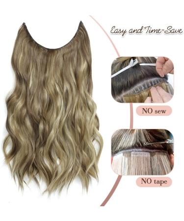 Invisible Wire Hair Extension Clip - Natural Wavy Synthetic Hair, Adjustable Size, 2 Secure Clips, Long Curly Secret Hair Piece - 20 inch Bright Bronde Highlights - Buy Online on SooperMarket.com