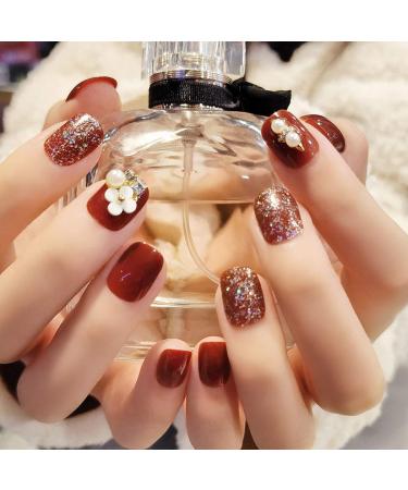 Sethexy Glossy Squoval Short False Nails Flower Glitter Rhinestone Studs Wine Full Cover Acrylic Fake Nails Tips for Women and Girls