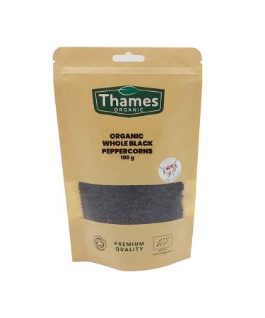 Organic Whole Black Peppercorns-Certified Organic Non-GMO Vegan No Additives No Preservatives Resealable Bag by Thames Organic 100g