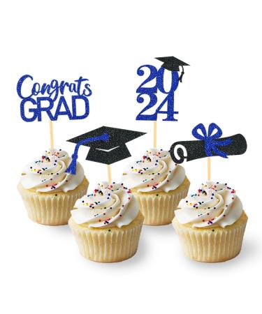 24 Pieces Sparkle 2023 Cupcake Toppers Graduation Cupcake Toppers Bachelier Hat Decoration Graduation Decoration (Black & Blue)