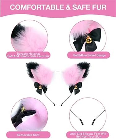 Cat Ears Bell Headband Folding Ear Powder Plus Black Gold Bell Bow Headband Fox Ear Accessories Cute Plush Headgear for Halloween Cosplay Costume Party Dress Girls - Buy Online on SooperMarket.com