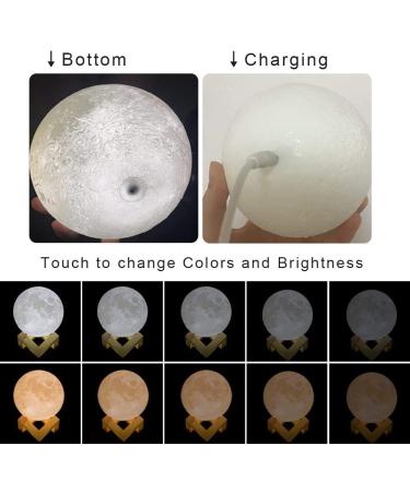 Methun 3D Moon Lamp 5.9 Inch with Wooden Base - LED Night Light for Home Decor - Touch Control Brightness - Ideal Gift for Bedroom, Christmas, New Year - White & Yellow - Buy Online on SooperMarket.com