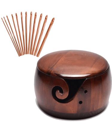 Wooden Yarn Bowl,Yarn Bowls with Lid for Knitting Crochet Yarn Ball Holder Handmade Yarn Storage Bowl for DIY Knitting Crocheting Crochet Kit Organizer Accessories with 12 Crochet Hooks (Dark Wood)