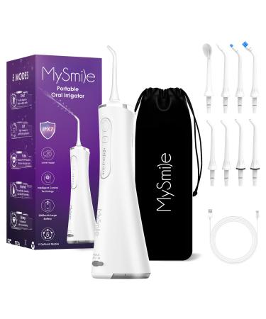MySmile Water Dental Flosser for Teeth Cordless Oral Irrigator 5 Cleaning Modes 4 Replaceable Jet Tips IPX 7 Waterproof USB Rechargeable Water Dental Picks for Teeth Cleaning with PU Bag White White-a