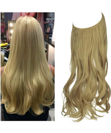 OMGRET Ombre Halo Hair Extension Ash Blonde Wavy Curly Synthetic Hair Piece Long 20 Inch 4.4 Oz Invisible Wire for Women Heat Friendly Fiber No Clip 20Inch&Curly Ash Blonde