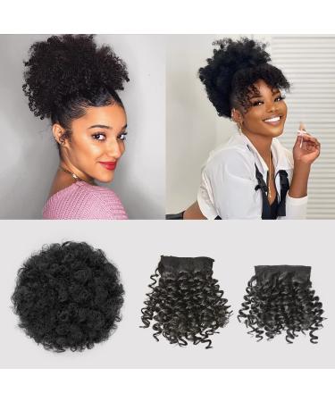 MODSIGHT Afro Puff Drawstring Ponytail with 2 Replaceable Bangs  Short Kinky Curly Ponytail Bun with Bangs  Synthetic Pineapple Updo Hair Ponytail with Bangs for Black Women (1B Natural Black) 1 Bun with 2 Bangs Black