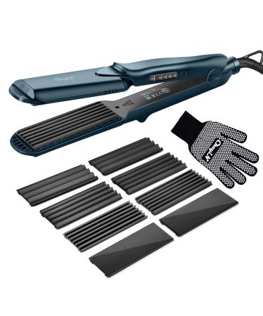Hair Crimper CkeyiN Professional Crimping Iron and Straighter with 4 Interchangeable Ceramic Plates for Fluffy Hairstyle Corn Perm Waves Straight Heat Resistant Glove 4 Adjustable Temperatures Green