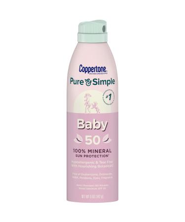 Coppertone Pure and Simple Baby Sunscreen Spray SPF 50, Zinc Oxide Mineral Sunscreen for Babies, Toddler Sunscreen, Water Resistant, Broad Spectrum SPF 50 Sunscreen, 5 Oz Spray Sunscreen
