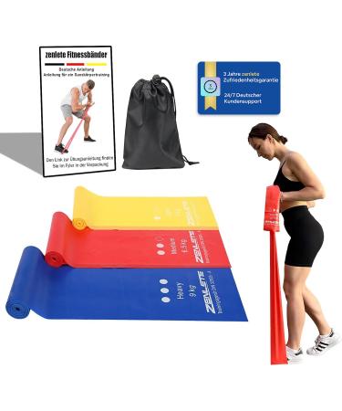Zenlete fitness band resistance band 3 Set 2.5m extra long fitness straps gymnastics band Physioband with carrying bag & e-book for yoga pilates strength training physiotherapy