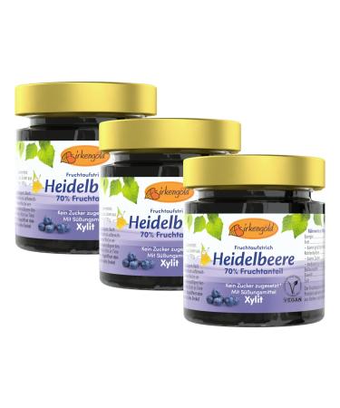 Birch gold blueberry jam 3 x 200 g |Without added sugar |sweetened with European xylitol70 % fruit content |With organic fruits |Vegan Blueberer 600 g (3 pack)