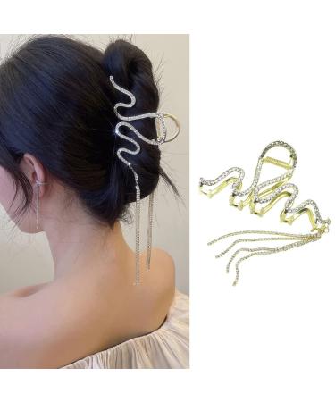 Metal Snake Hair Claw Clips with Rhinestones Tassel Hair Accessories Glitter Gold Hair Catch Jaw Clamp Large French Hair Grab Clips Luxury Barrette Hairpin for Women Girls Thick Thin Hair
